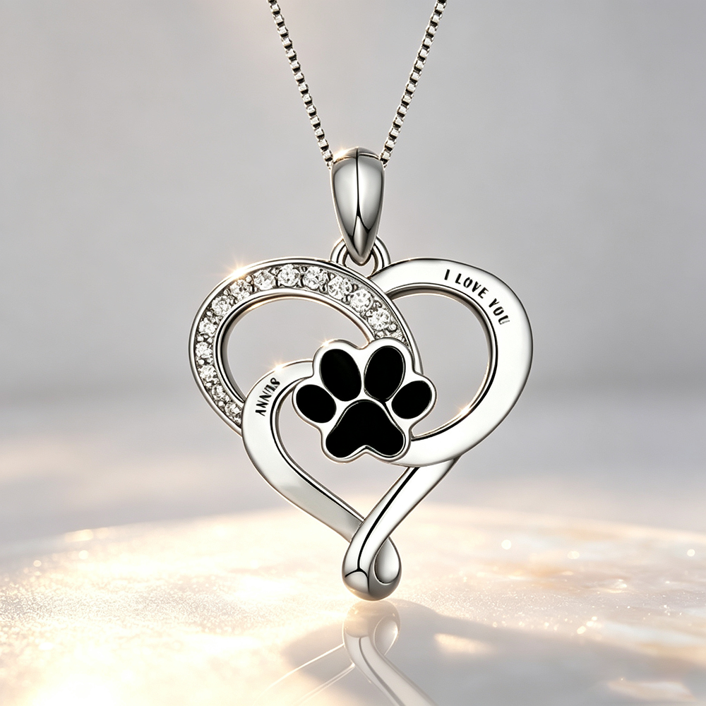 Personalized Pet Name Necklace  Custom Paw Print Heart Pendant with Crystal Engraved Dog/Cat Memorial Jewelry Sympathy Gift for Pet Lovers