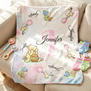 Personalized Winnie the Pooh Blanket, Custom Kids Blanket with Child’s Name & Initial Monogram, Warm Keepsake Gift for Newborns & Children