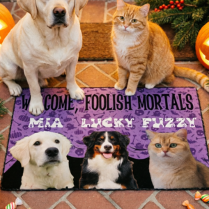 Personalized Halloween Floor Mat, "Welcome Foolish Mortals" Spooky Background, Custom Upload Pet Photo, Halloween Gift for Pet Lovers