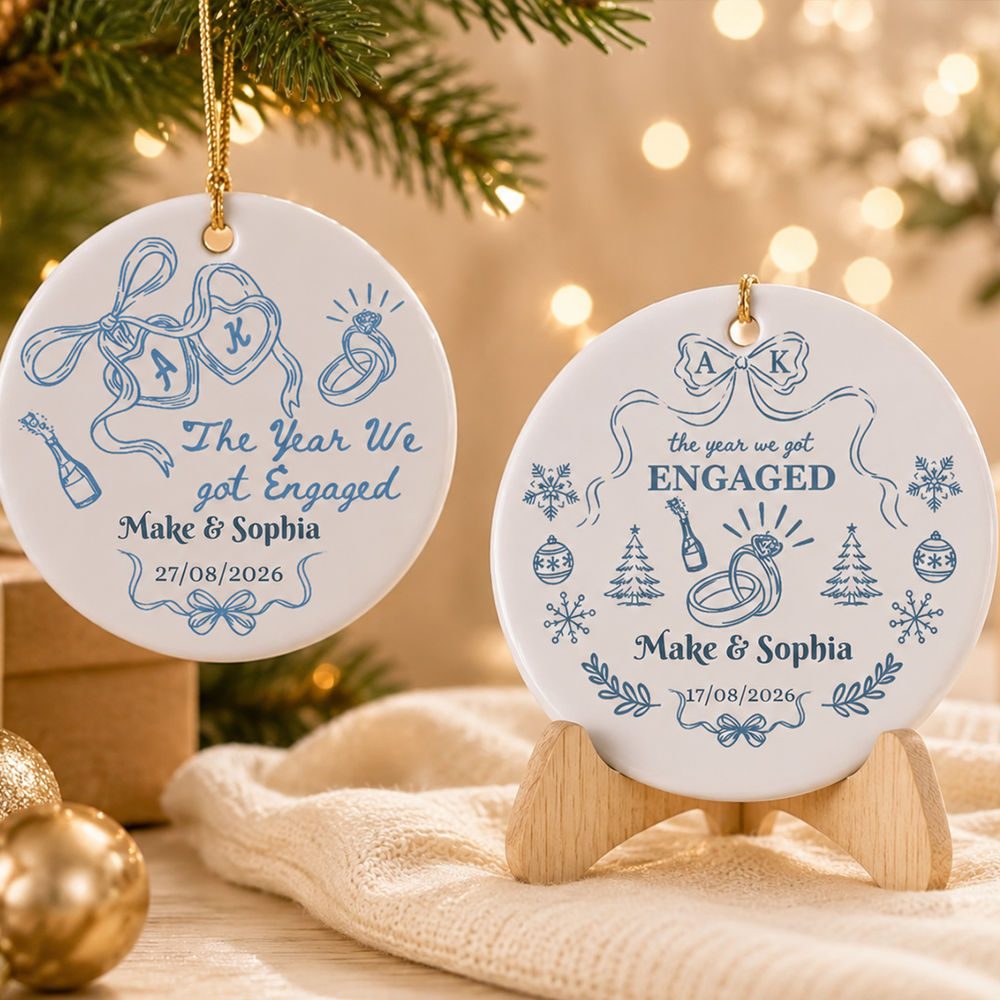 Custom "The Year We Got Engaged" Ceramic Keepsake, Custom Couple Names & Year, Christmas & Wedding Style, Romantic Couple Engagement Gift