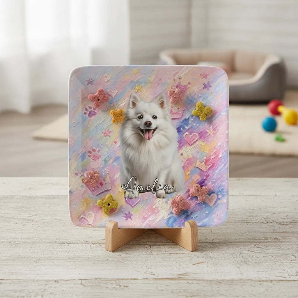 Personalized Graffiti Colorful Oil Painting Style Pet Photo Square Ceramic Trinket Jewelry Dish with Name Daily Use Birthday Gift for Pet Owner Lover