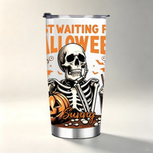 Personalized Skeleton Just Waiting for Halloween Pumpkin 20oz Name Tumbler with Lid Straw Funny Halloween Holiday Gift for Family Friend