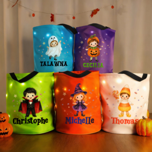 Personalized Halloween Cartoon Character Star Candy Lightweight Trick or Treat Bag with Name and LED Light Halloween Party Gift for Kid