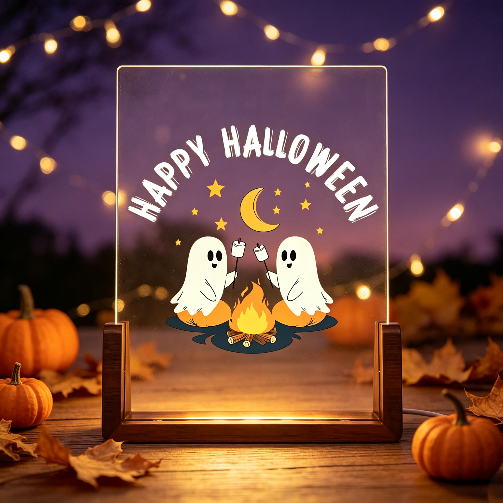 Personalized Ghost Campfire Acrylic LED Night Light with Text and Wooden Base Adjustable 7 Lights Desk Decor Happy Halloween Gift for Family Friend