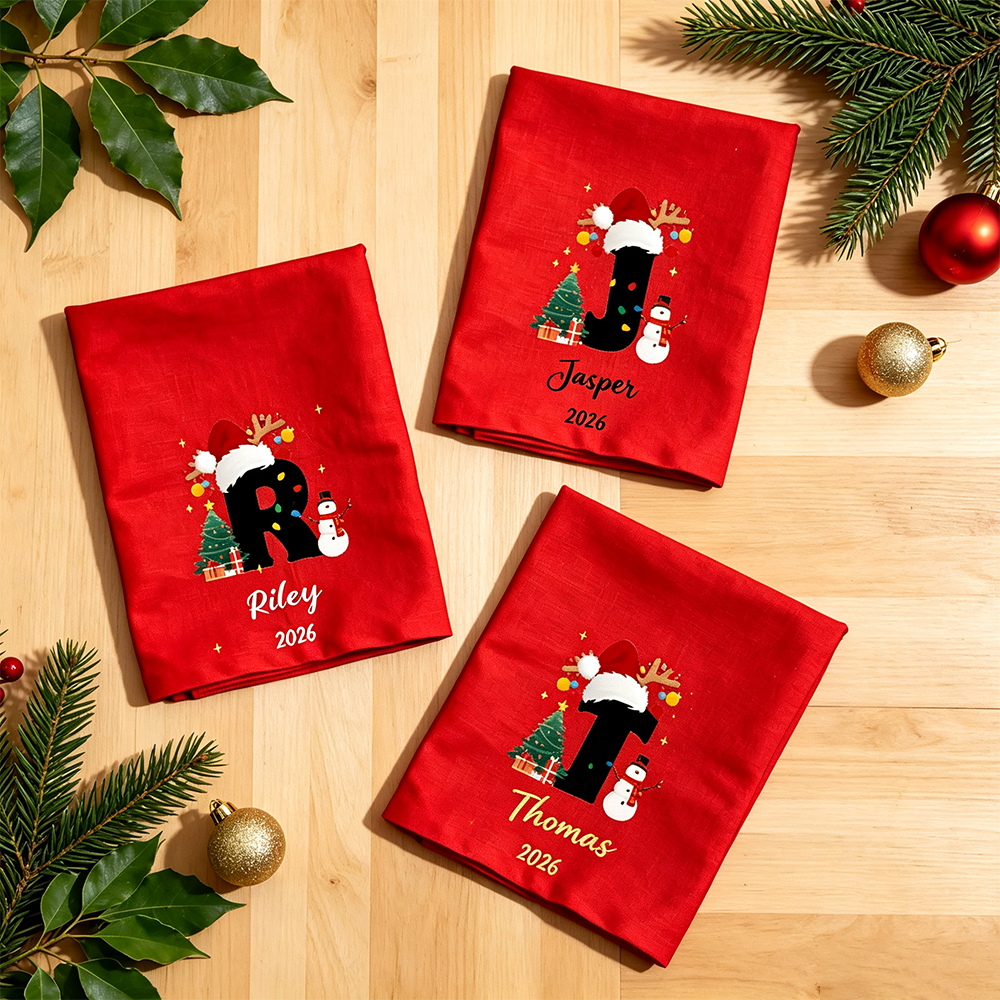 Snowman Christmas Tree, Personalized Custom Napkin, Cotton Cloth Napkins with Name Year, Gifts for Family Friends, Holiday Dinner Party Table Decor