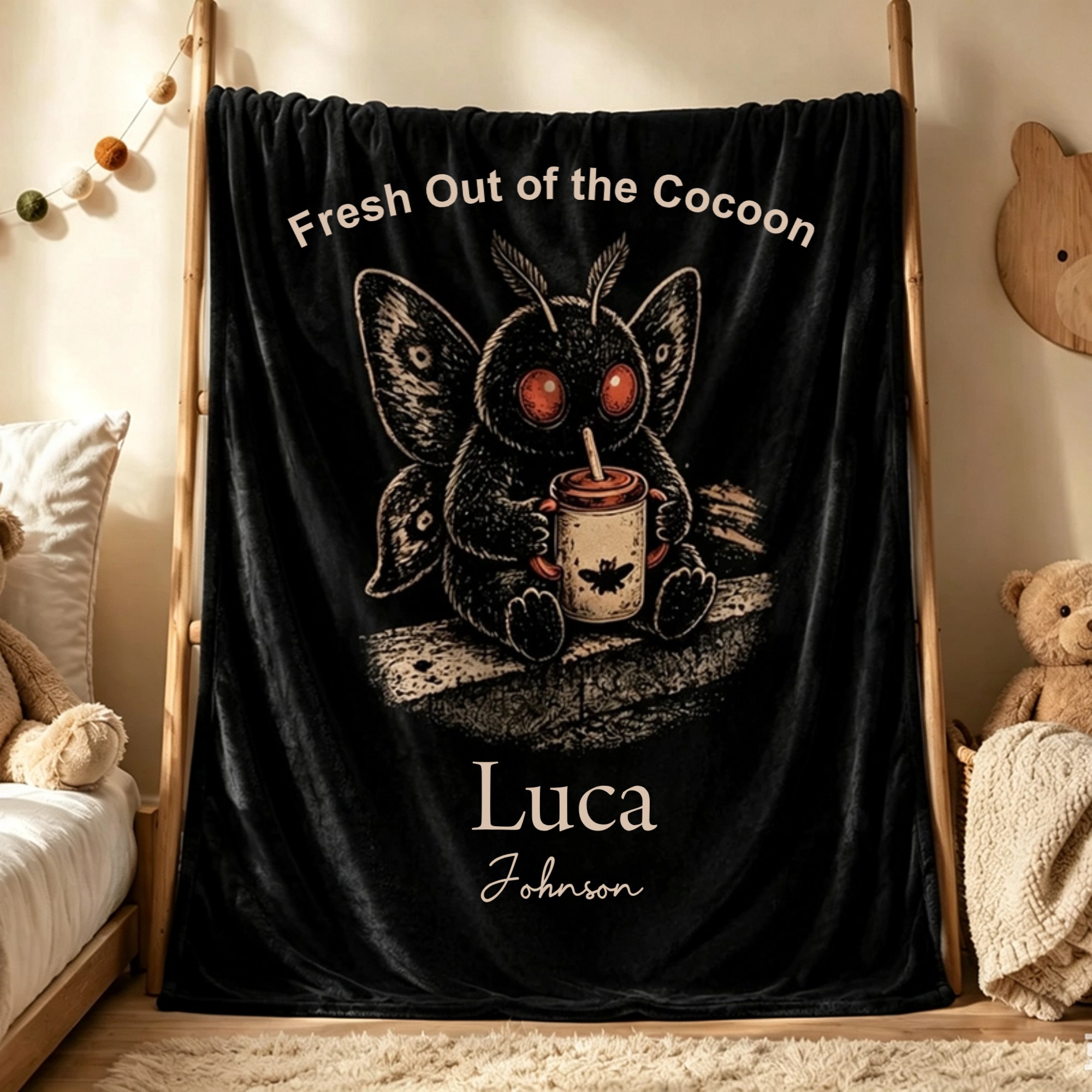 Personalized Mothman Woven Blanket Fresh Out of the Cocoon Cryptid Throw Gothic Nursery Decor Cute Spooky Newborn Gift for Halloween