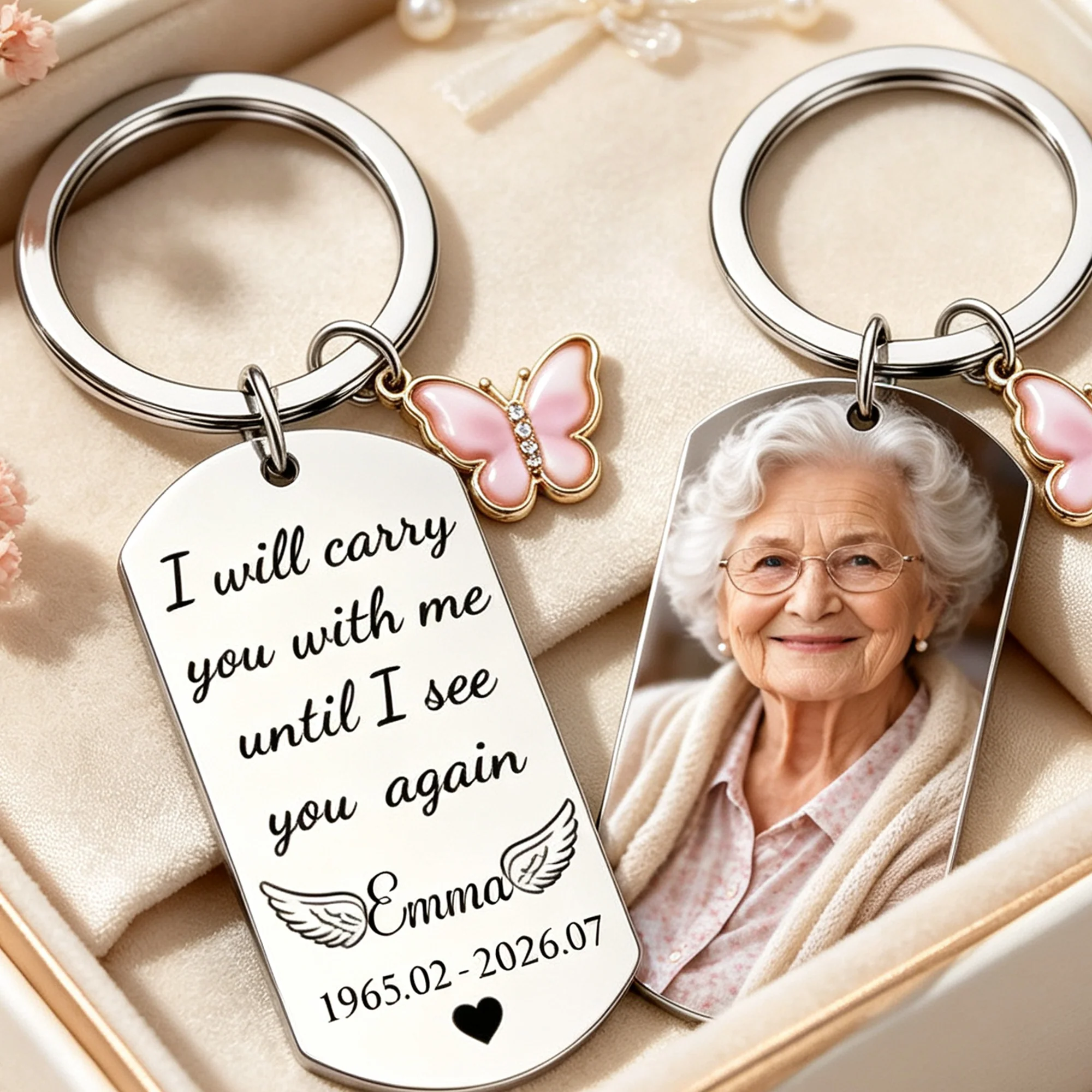 Personalized Butterfly Photo Pendant Keychain, Sentimental Memorial Keepsake Gift for Loss of Loved Ones
