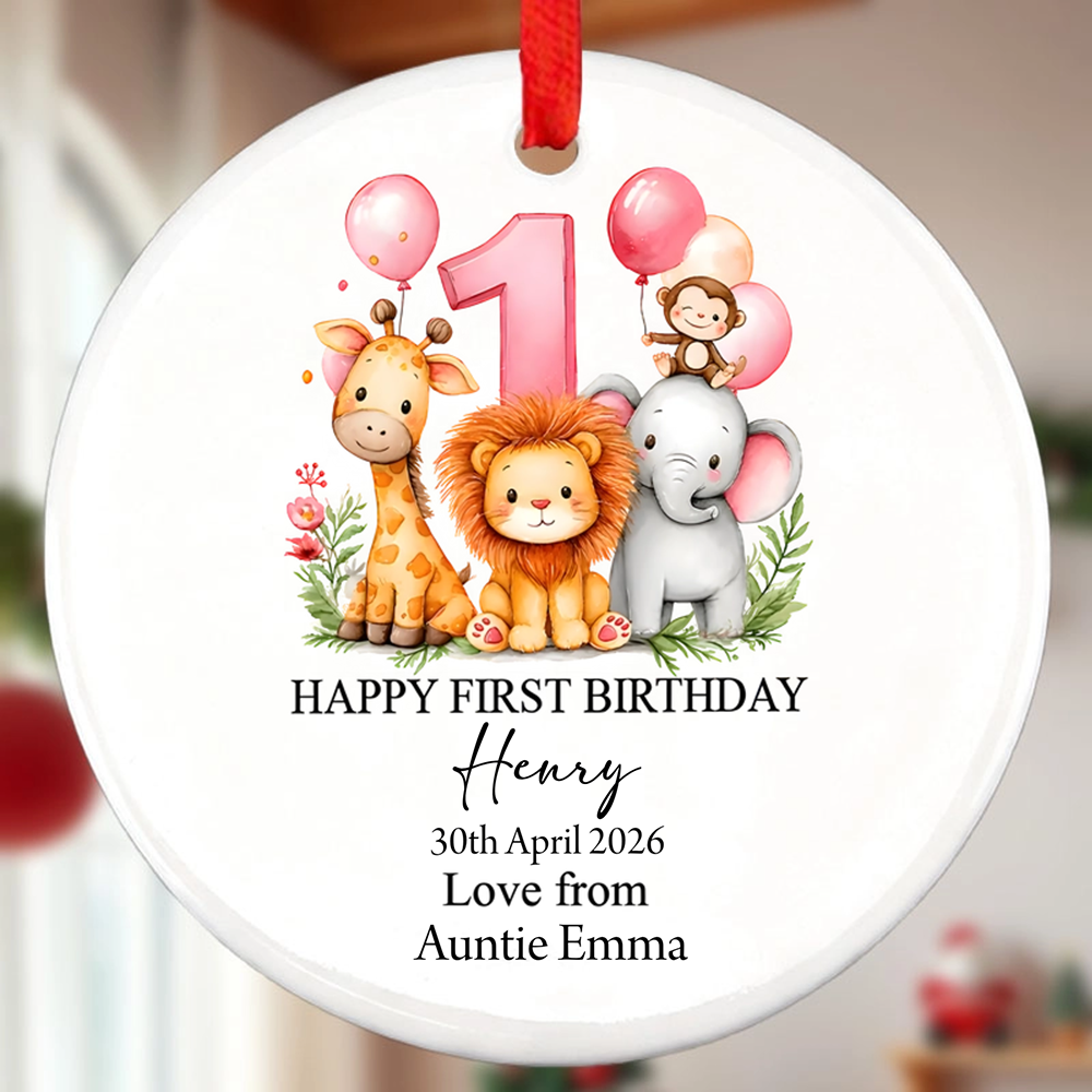 Personalized Safari First Birthday Ornament Design, Custom Ceramic Keepsake Ornament, The Perfect Gift For Baby’s First Birthday