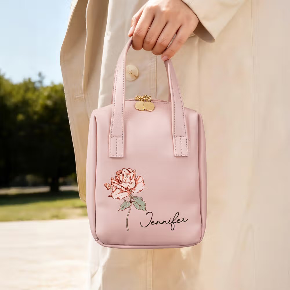 Personalized Birth Flower Name Portable PU Leather Makeup Bag with Handle and Multiple Compartments Travel Accessories Birthday Gift for Women Girls