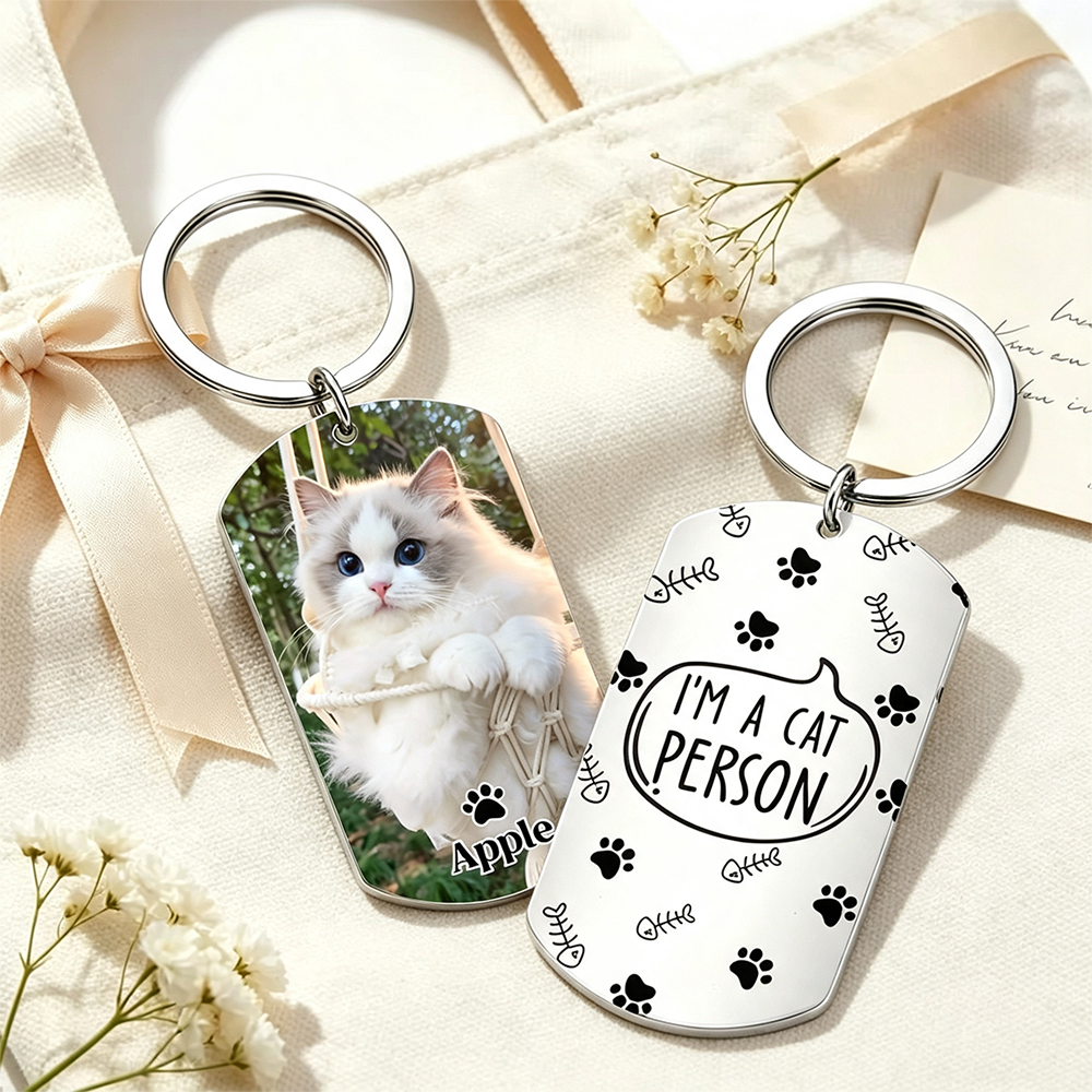 Custom Cat Photo Metal Keychain, Personalized Kitten Name Keepsake Gift For Cat Lovers