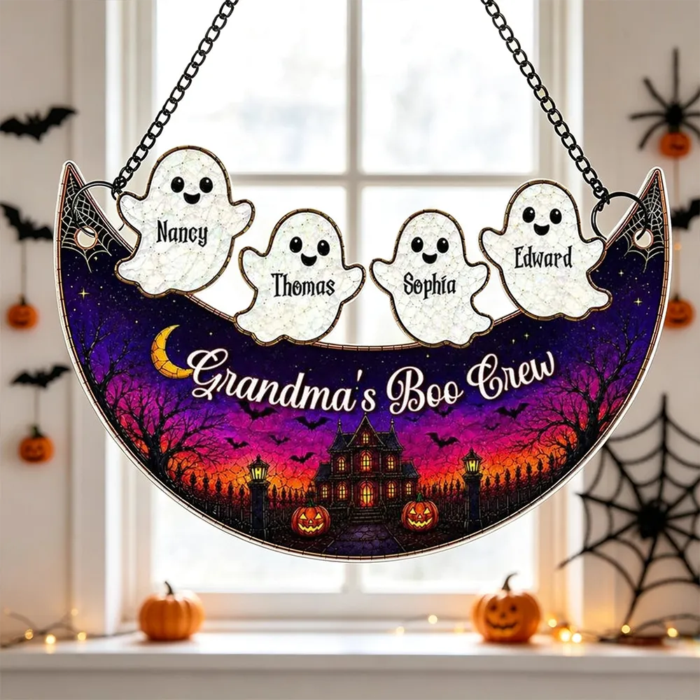 Personalized Acrylic Suncatcher Ornament, Moon Boo Crew Halloween Window Decor, Unique Gift