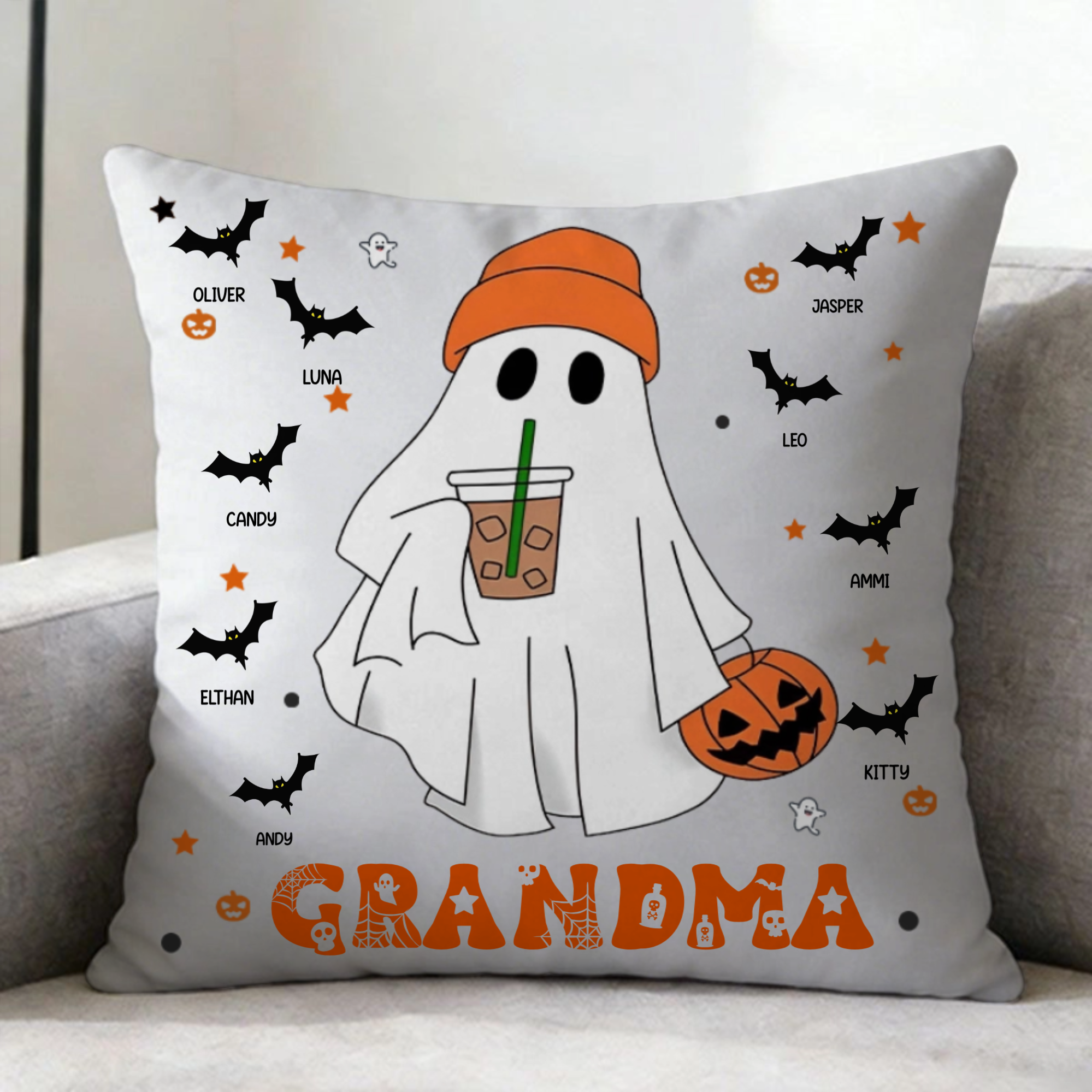 Ghostly Pumpkin Pattern – Personalized Pillow, A Perfect Halloween Gift for Grandparents