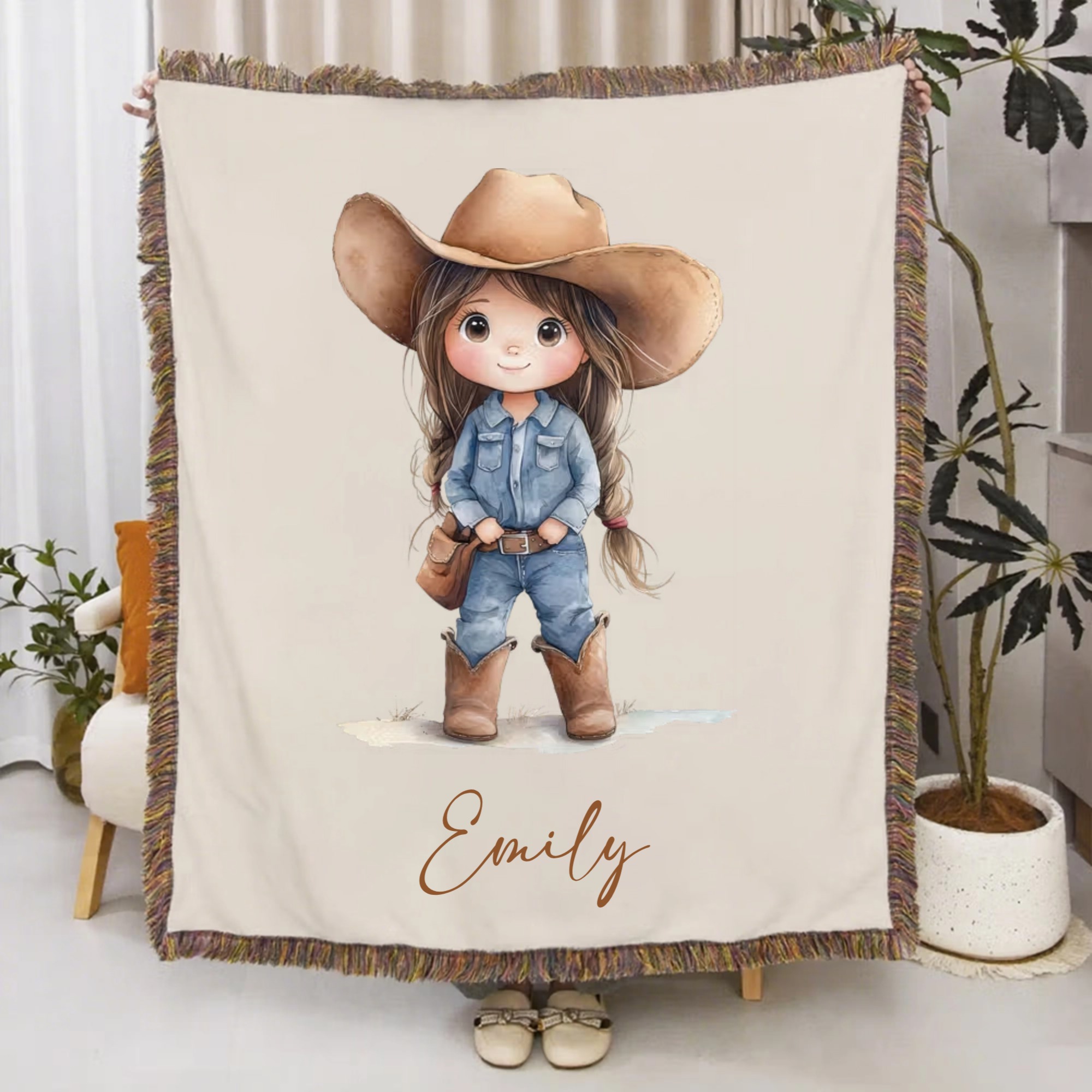 Personalized Cartoon Cowboy Blanket, Custom Name 40 Designs Western Theme Throw, Soft Fleece Blanket for Kids, Birthday Christmas Gift