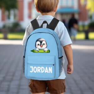 Personalized Cartoon Penguin Raccoon Animals Name Backpack with Zipper and Side Pockets Birthday Back to School Gift for Boys Girls
