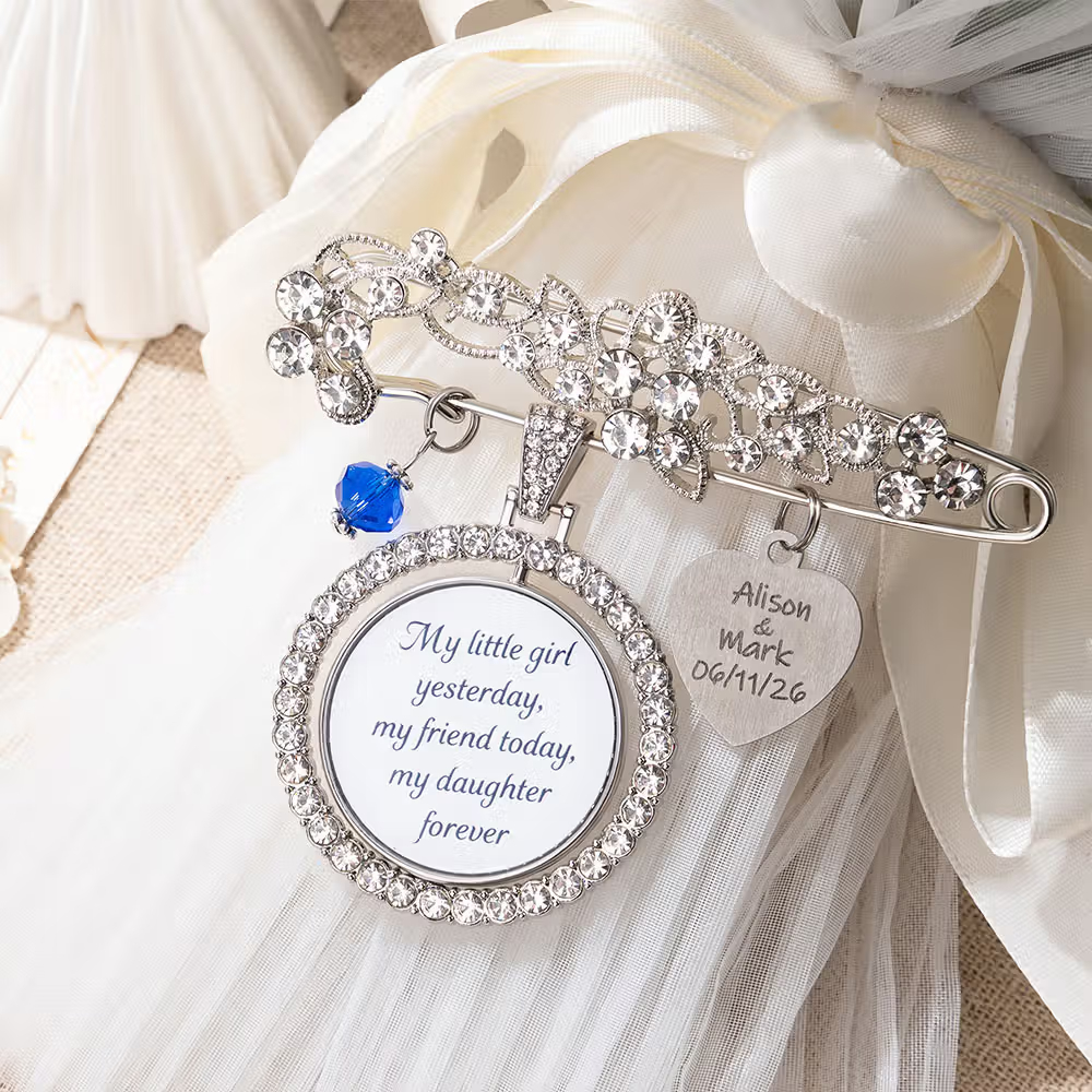 Today a Beautiful Bride Tomorrow a Loving Wife Always My Wonderful Daughter -- Personalized Engraved Bouquet Charm Pin Brooch