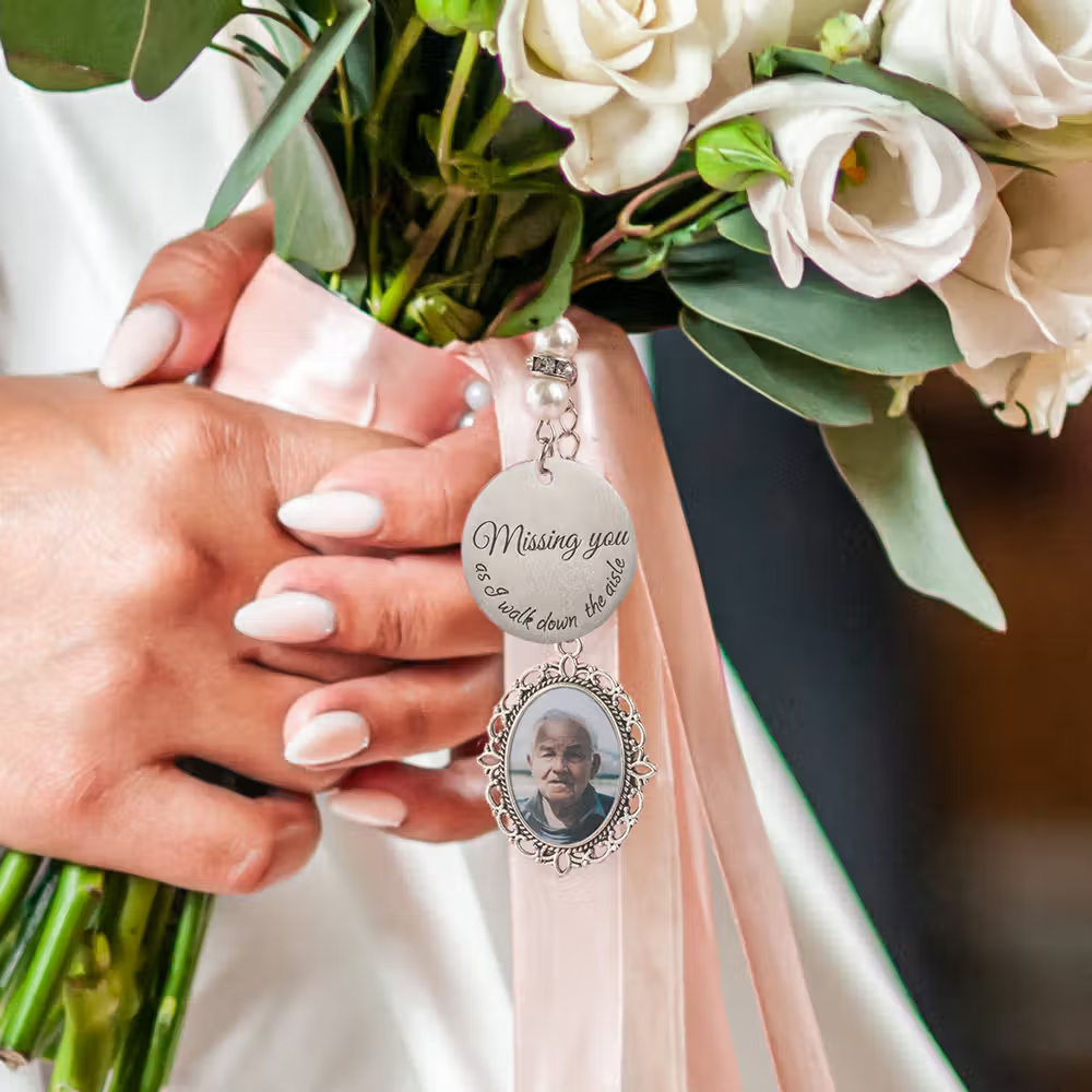 Personalized Wedding Bouquet Charm, Custom Photo Heart Disc Memorial Jewelry, Something Blue Bridal Accessory, Gift for Bride Bridesmaid