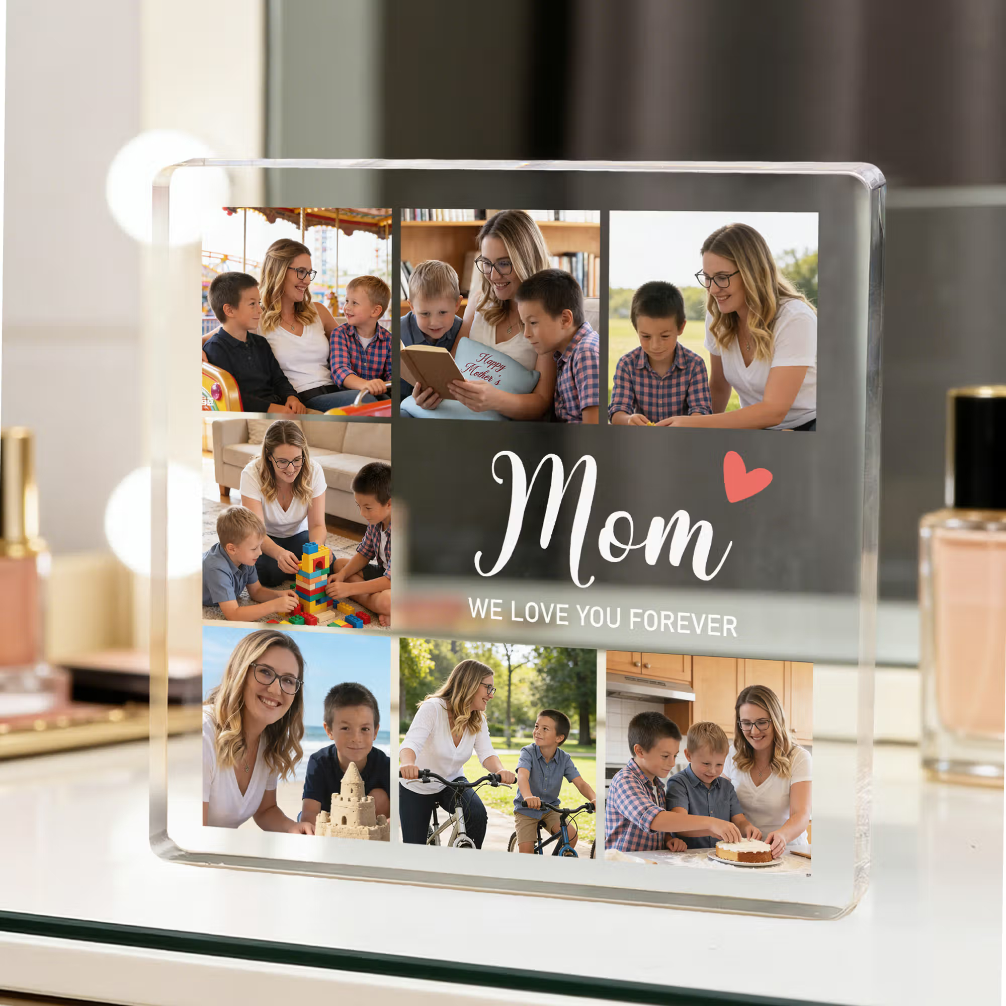 Personalized 7 Family Photos Collage Square Acrylic Plaque with Title and Text Home Decor Mother's Day Birthday Gift for Mom Grandmother