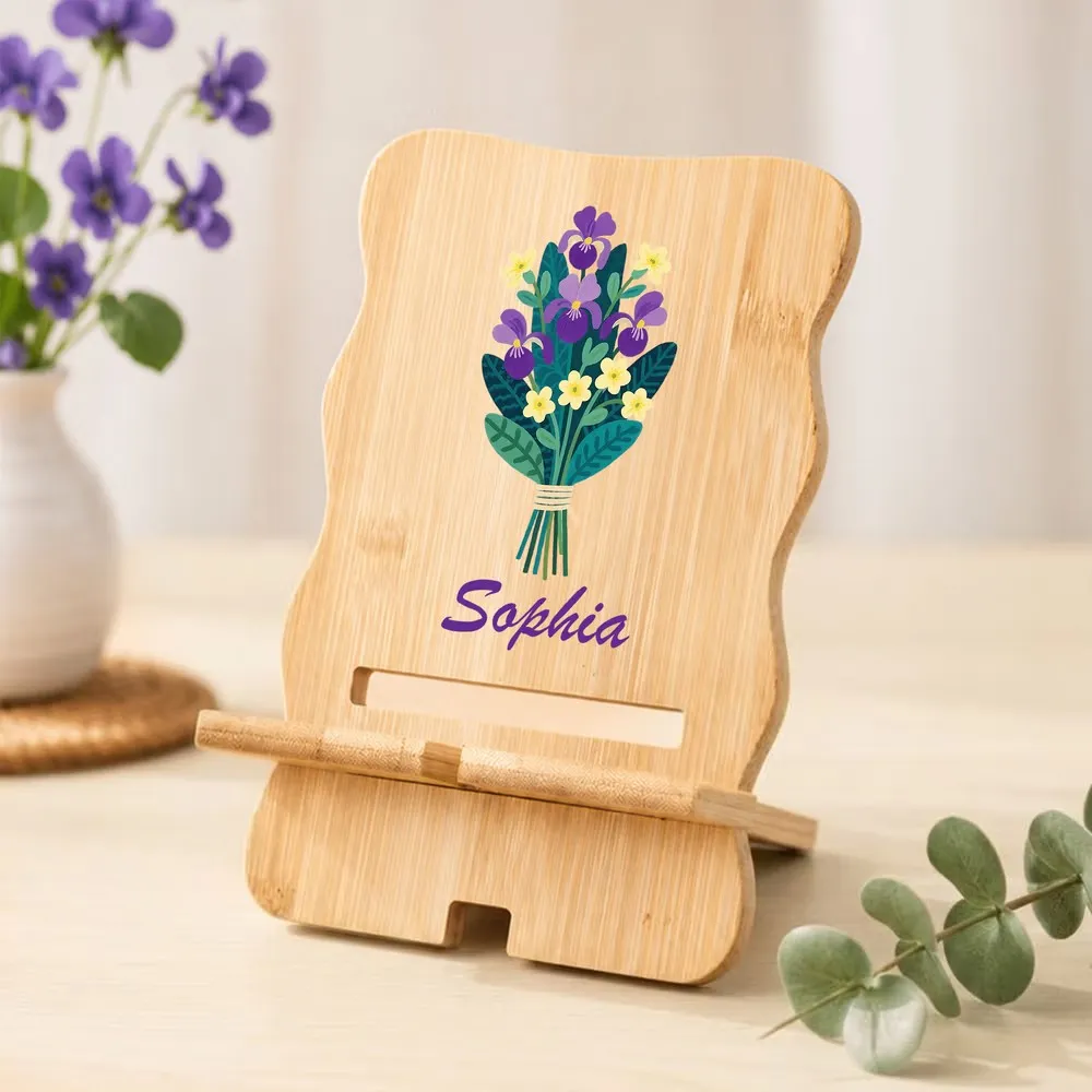 Personalized Colorful Birth Flower Wooden Phone Holder with Name Office Daily Use Birthday Gift for Family Friend Office Worker