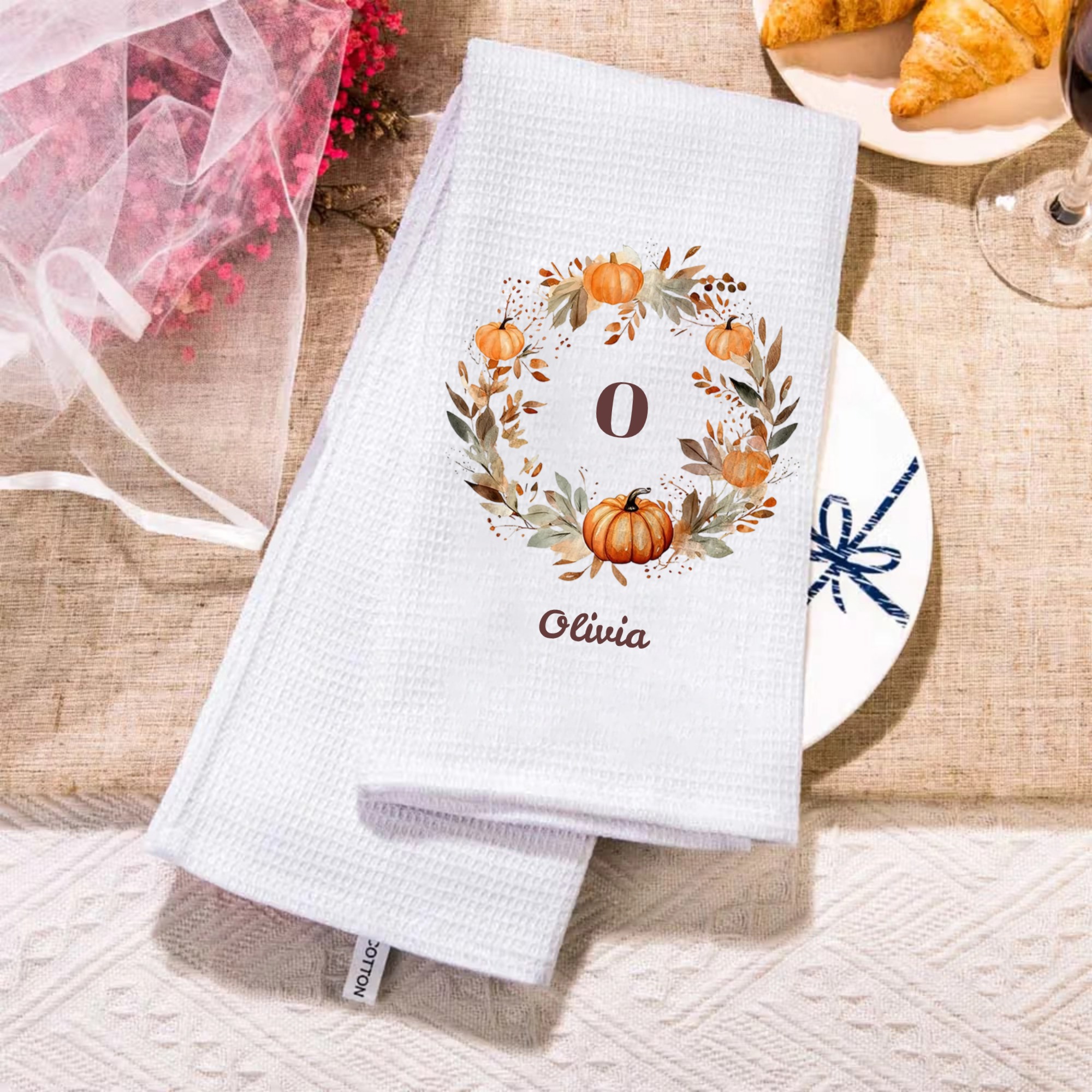 Personalized Pumpkin Wreath Initial Super Absorbent Soft Waffle Tea Towel with Text Halloween Thanksgiving Gift for Cooking Enthusiast Family