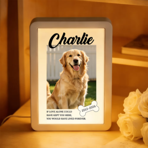 Personalized Pet Photo Bone Shape Light Photo Frame Mirror with Name Text and Year Sympathy Memorial Loss of Pet Gift for Pet Owners Lovers