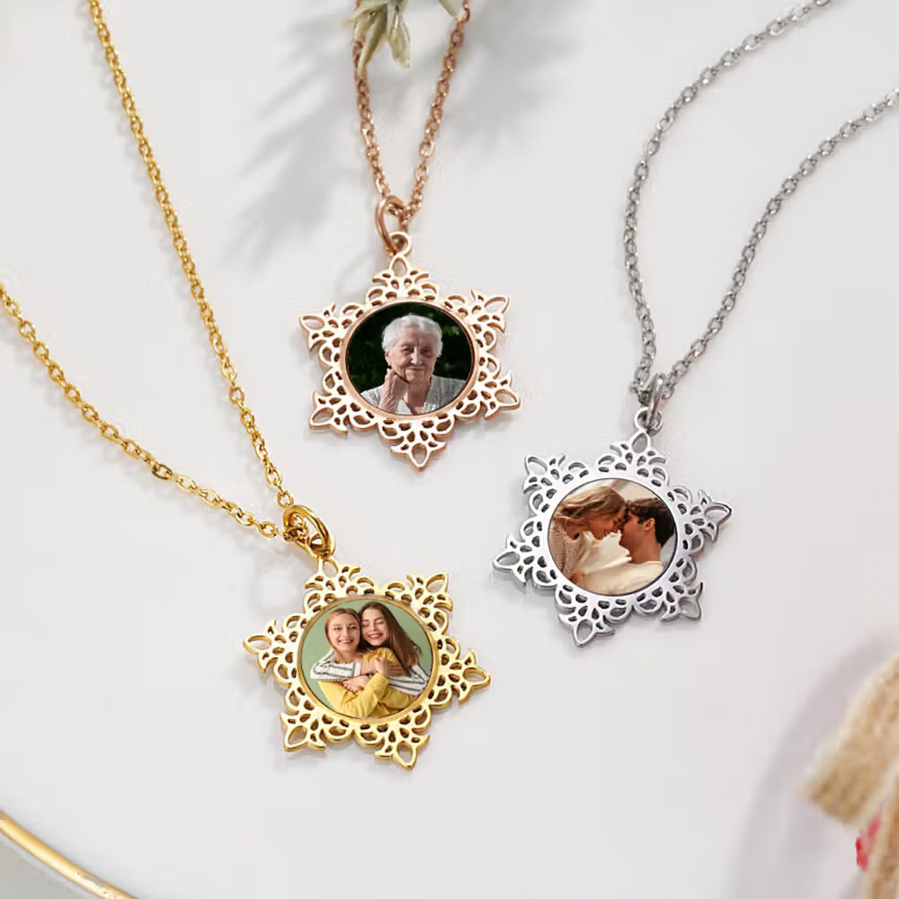 Personalized Dainty Snowflake Photo Necklace with Engraved Text Winter Jewelry Memorial Birthday Christmas Gift for Women Girls