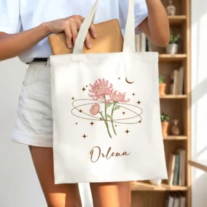 Personalized Star Moon Birth Flower Canvas Tote Bag with Name Daily Commute Birthday Anniversary Holiday Gift for Women Students