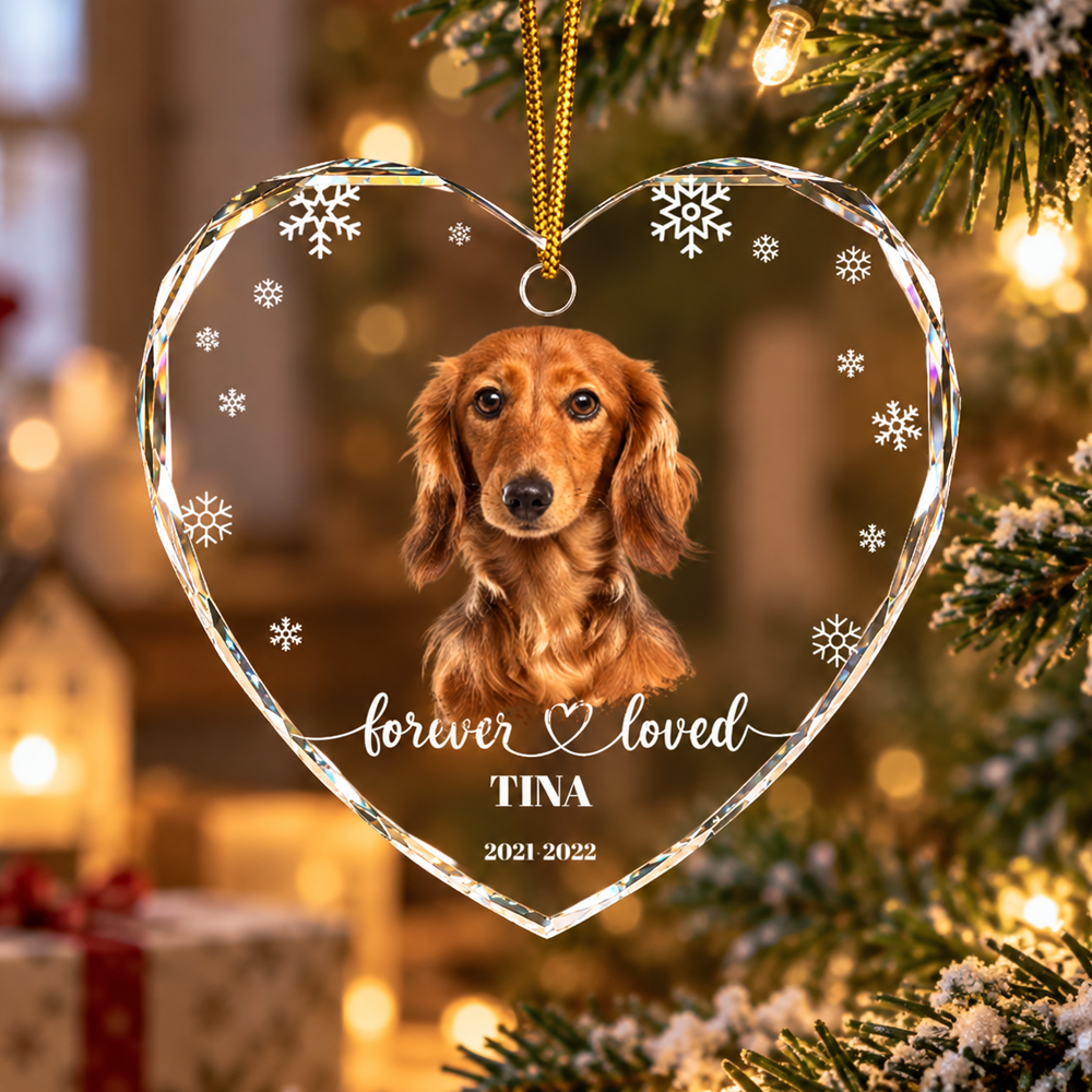 Custom Photo Forever Loved Memorial Dog Cat - Personalized Heart Shaped Glass Ornament